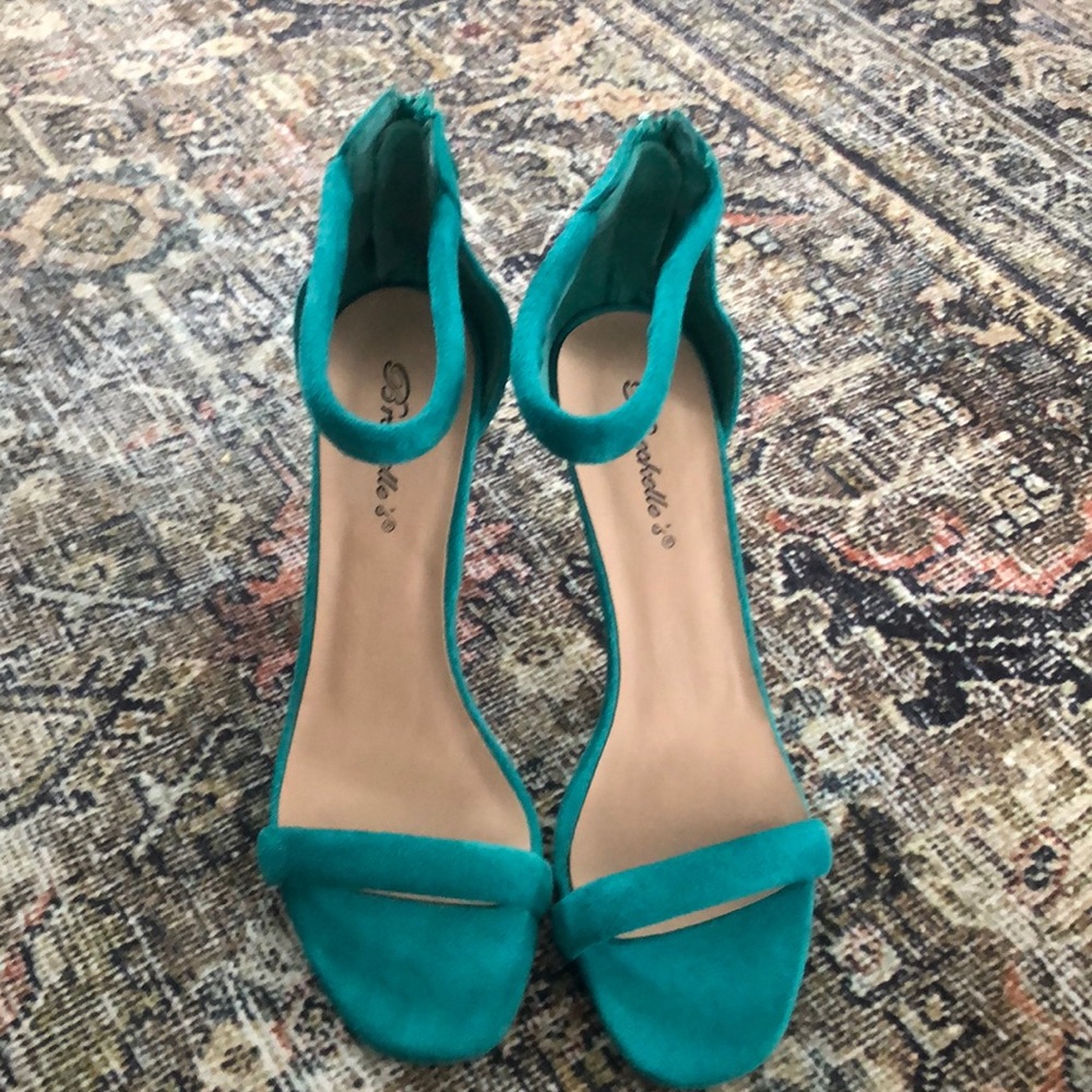Teal colored heeled sandals